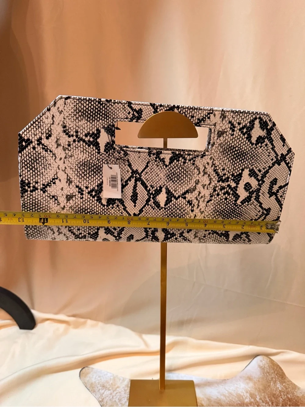 Textured Snake-Print Cutout Handle Clutch - Black & White